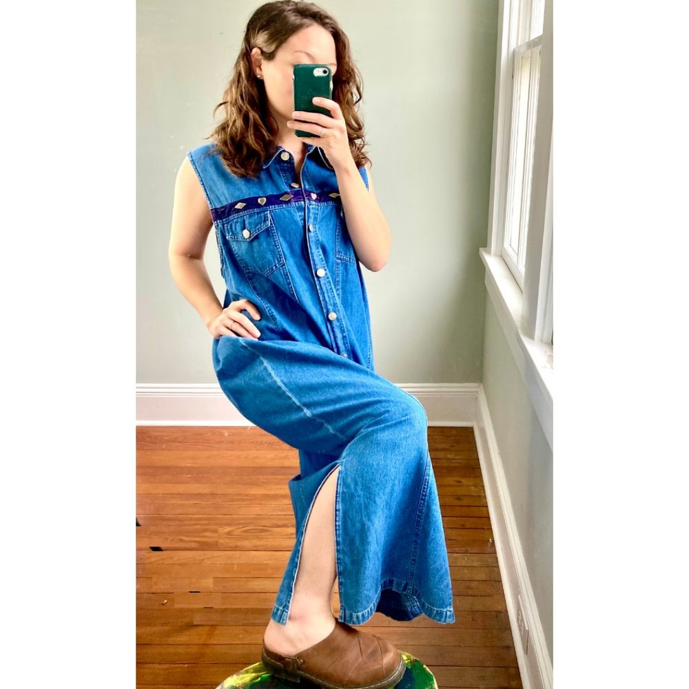 Vintage 90s Denim Button Down Silver Velvet Sleeveless Slit Maxi Dress L